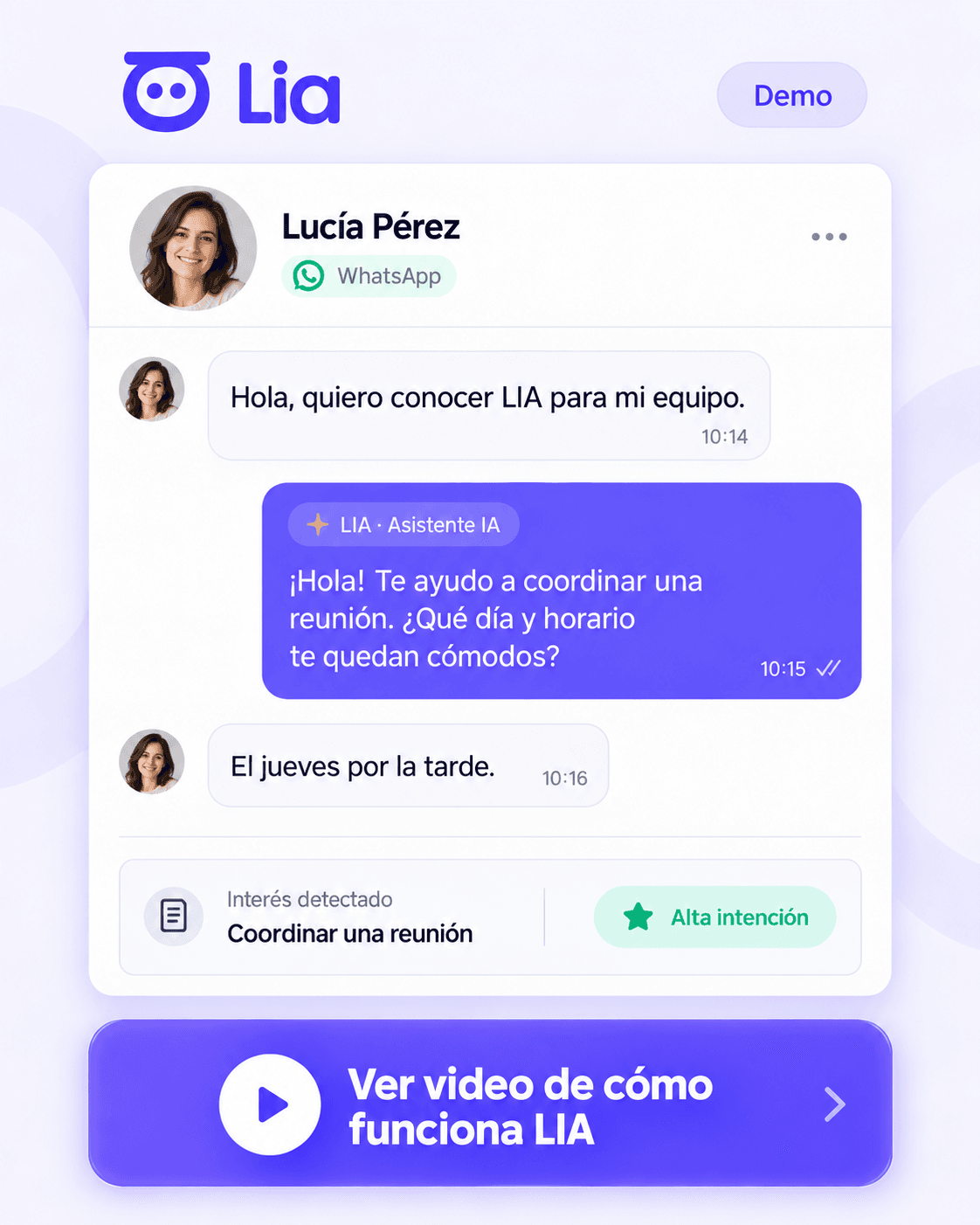 LIA conversando por WhatsApp con un lead que quiere conocerla: propone coordinar una reunión y detecta alta intención