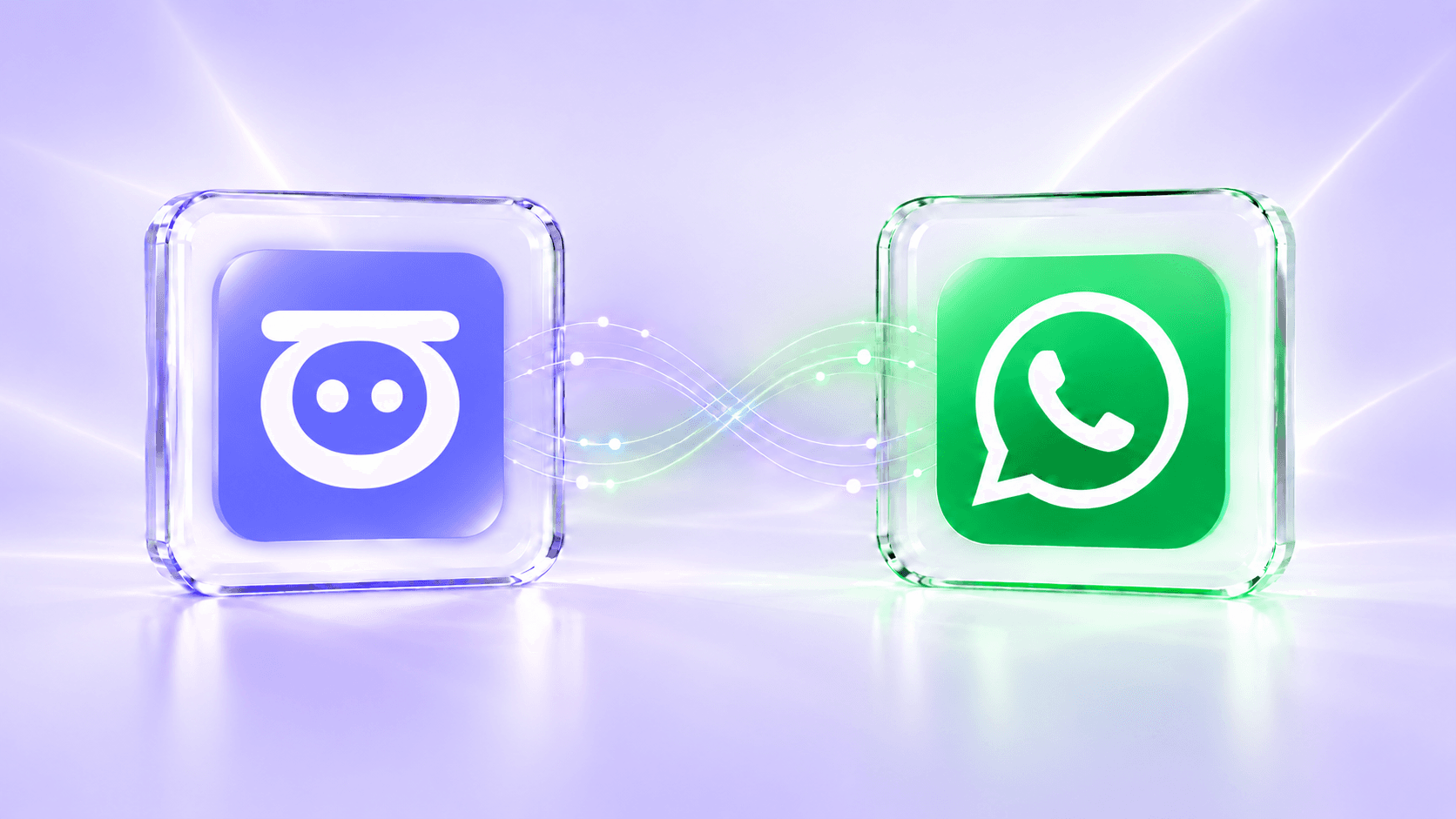 Los isotipos de LIA y de WhatsApp enlazados por líneas de conexión, sobre un fondo violeta